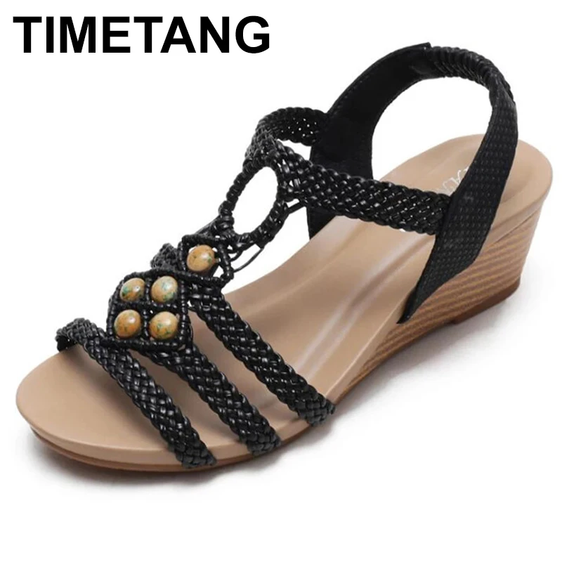 

TIMETANGSummer Soft-Soled Open toe Women Shoes Large Size Wedges Non-slip Casual Ladies Sandals Vintage braided beaded RomanShoe