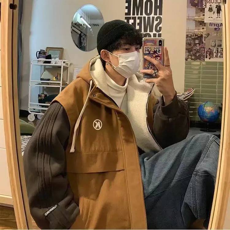 

Fake two piece lamb wool coat men's fashion ruffian handsome Korean winter men's jacket plus cashmere tide brand ins cotton coat
