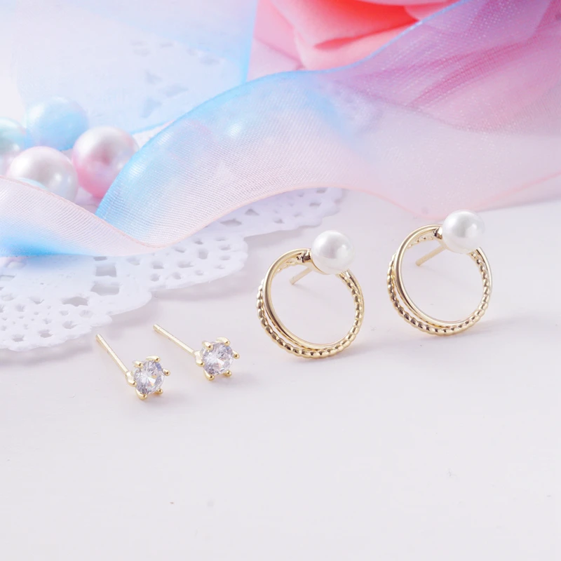 

ESSFF Simple Round Gold Color Stud Earrings Sets for Women Prevent Allergies Simulation Pearl Crystal Earings Trend Jewelry 2021