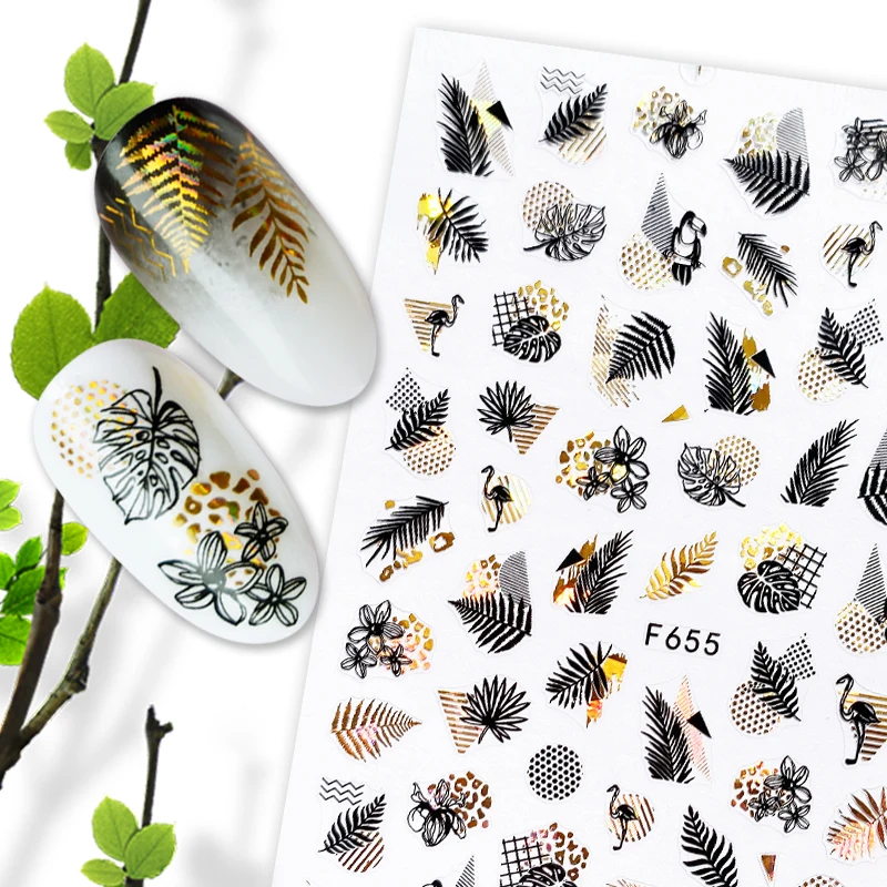 

1pcs Black Laser Gold 3D Nail Art Sticker Coconut Tree Leaf Series Decal Self-Adhesive Sticker Shiny Nail Decorations Manicure