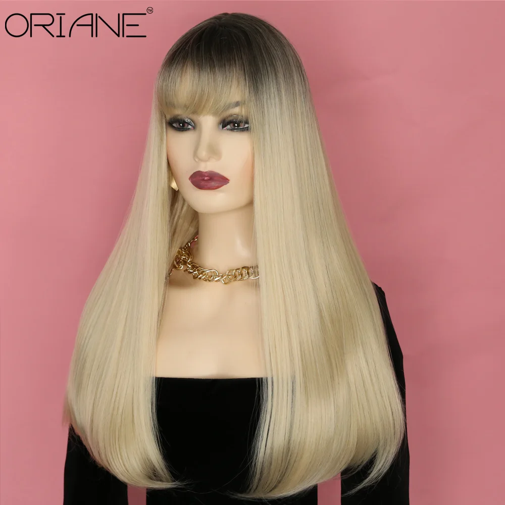 

ORIANE Omber Blonde Synthetic Wigs For Women Long Straight Lolita Natural Hairline Cosplay Wigs With Bangs Heat Resistant Wigs