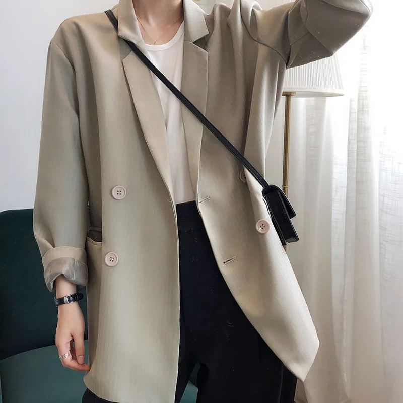 

Korean Women Blazer 2021 New Spring Autumn Loose Casual Fashion Double Breasted Long Sleeve Notched Collar Female Suit Coat