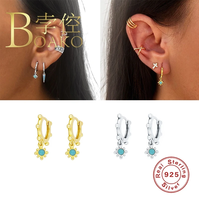 

BOAKO 925 Sterling Silver Earrings For Women Turquoise Earrings Hoop Round Fashionable Luxury Dangle Silver/Gold Jewelry
