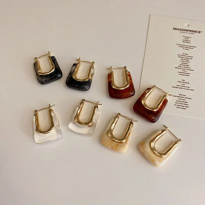 

SRCOI Retro Geometric Square Transparent Resin Irregular U-Shaped Multicolor Acrylic Imitation Pearl Ear Stud Women Jewelry