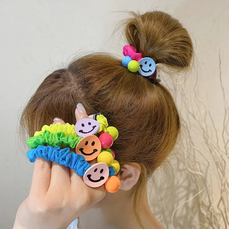 

Korean Elegant Fluorescence Color Smiley Face Hair Rope Bracelet Scrunchie Women Elastic Rubber Bands For Girls Headdress