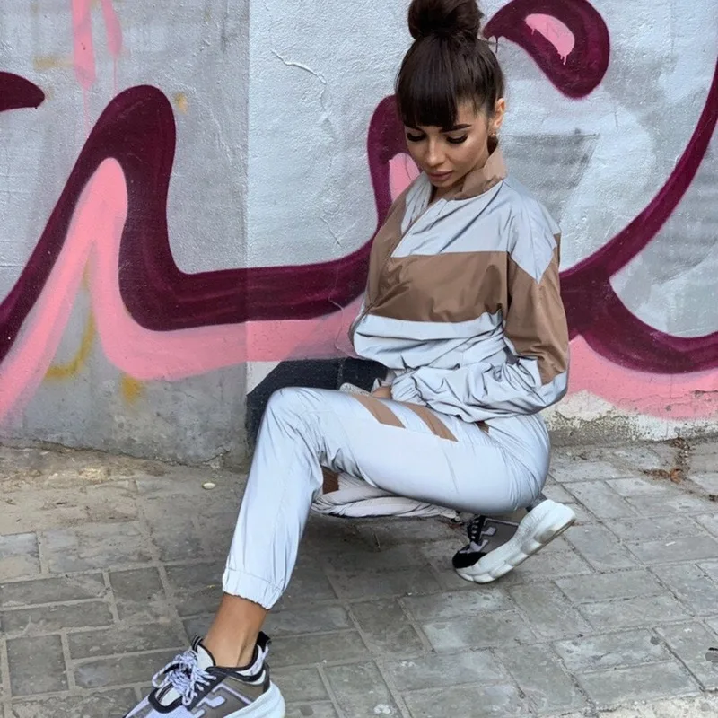 

New Hip Hop Reflective Female Jacket Casual Sports Suit Women Coat Casaco Feminino Femme 2 Piece Set tracksuit