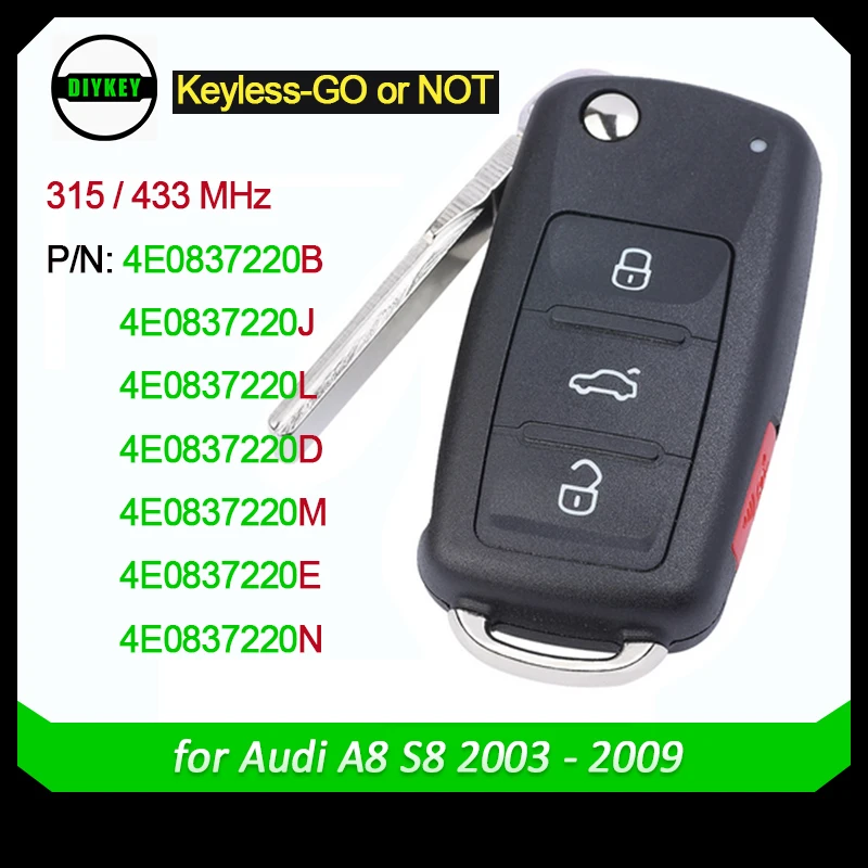 

Ключ для Audi A8 S8 2003 2004 2005 2006 2007 2008 2009 дистанционный ключ 4E0837220B/J/L/D/M/E/N ID46 чип 315 МГц/433 МГц ASK