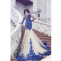 2020 new arrival long sleeve royal blue lace evening dresses mermaid lace tulle prom gowns newest