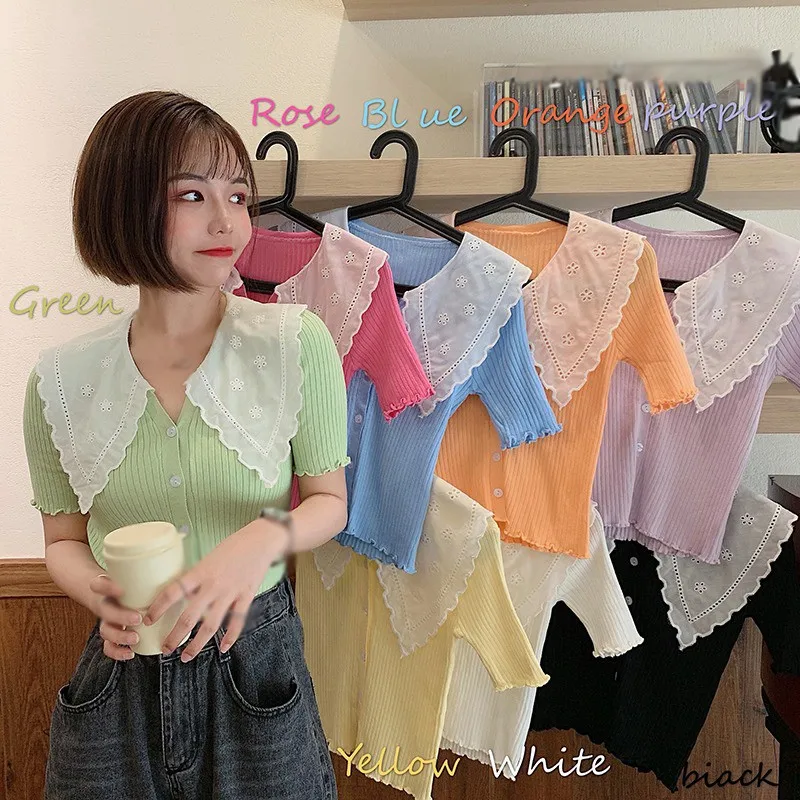 

Women's Fashion Sweet Stitching Short-sleeved Knit Cardigan Single-breasted Summer Blouses Tops 2020