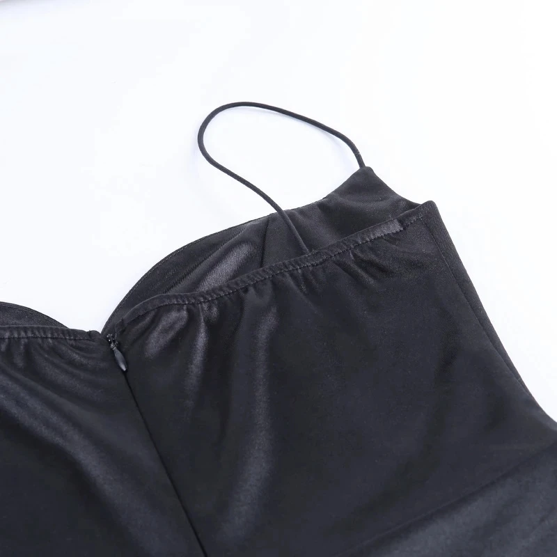 

2021 Black Silk Dress Women Sexy V-Neck Sleeveless Hight Split Hem Knee-Length Strap Dresses Slim Summer Party Vestido Female