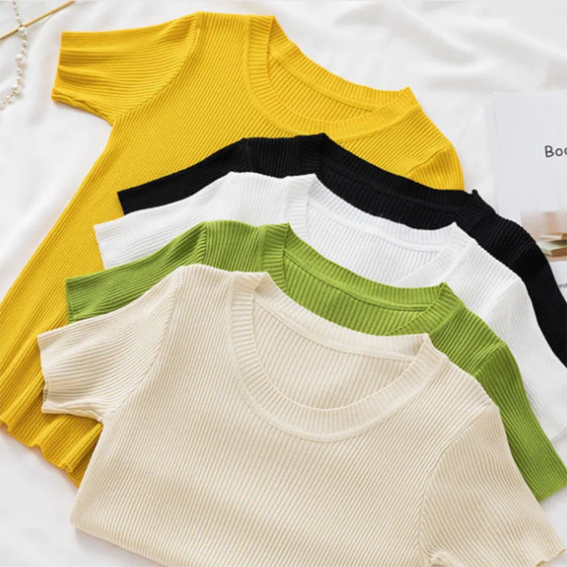 

Summer Short Sleeve Slim Knitted T-Shirt Women Classic Solid Solor Elastic Knitwear Tops Casual Korean O-Neck Jumper Tee Female