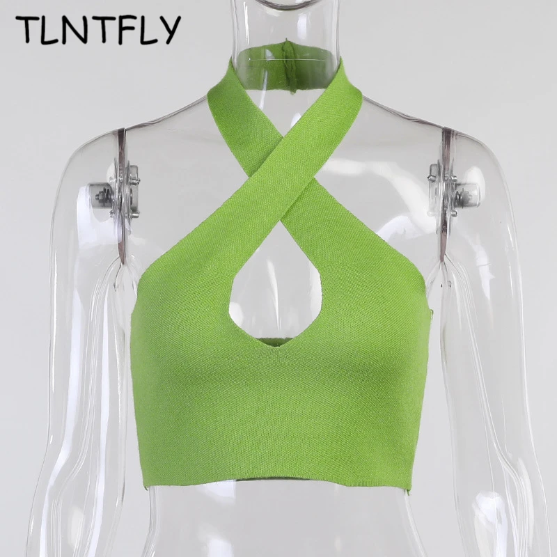 

Knitted Cotton Vest Sexy Corset Summer Top Y2k Female 2021 Open Back Hollow Woolen Cross Halter Neck F Size Fashion Streetwear