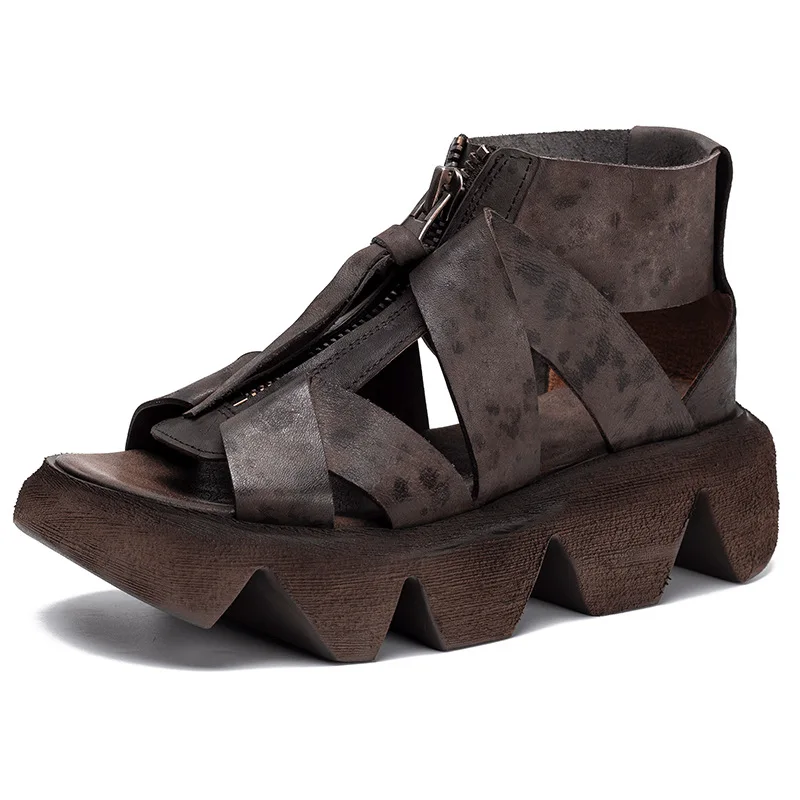 

YourSeason 2020 New Autumn Summer Ladies Platform Sandals Genuine Leather Women Zipper Retro Sewing Flat With Handmade Shoes