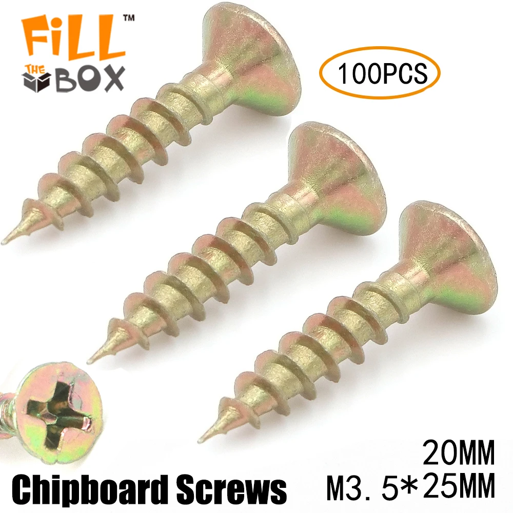 

100pcs/lot Chipboard Wood Screws M3.5 20MM 25MM Flat Countersunk Head Phillips Drive Steel Gold Passivated Fastener