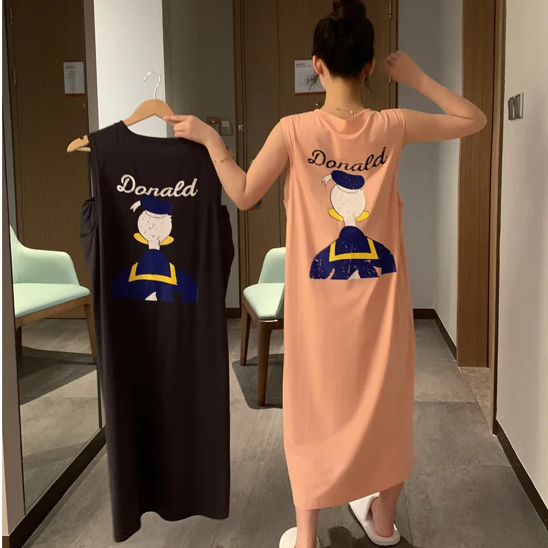 2021 New Sleeveless Nightdress Women's Vest Nightdress Cotton Loose Cute Cartoon Sweet Cute Long Home Clothes Sexy Sleepwear