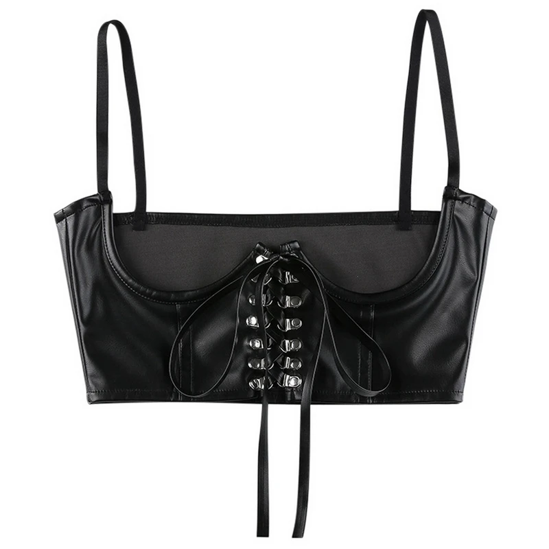 

MoneRffi Streetwear Gothic Dark PU Leather Crop Top Women Hook Lace Up Punk Style Tank Top Cummerbunds Corset Tops To Wear Out