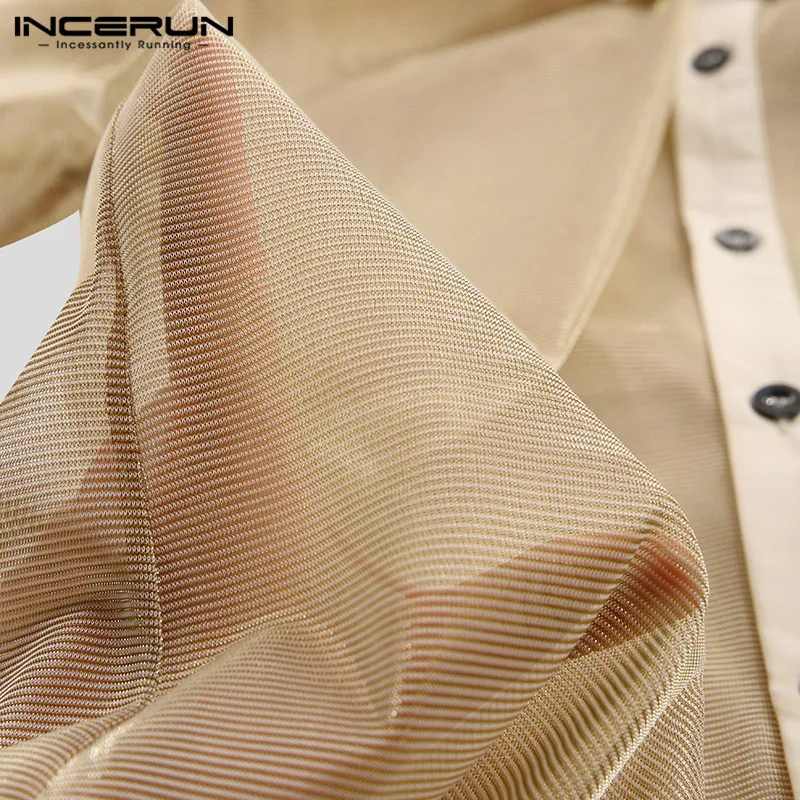 

Mesh Shirt Men Short Sleeve Lapel Solid Color Transparent Lapel Party Stage Nightclub Shirts Sexy Fashion 2021 Camisas INCERUN