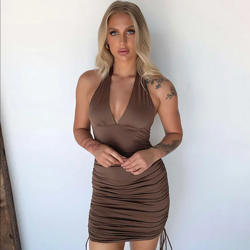 

Solid Women Drawstring Ruched Mini Dress Summer V Neck Sleeveless Halter Bodycon Sexy Party Package Hip Dress Streetwear 2021