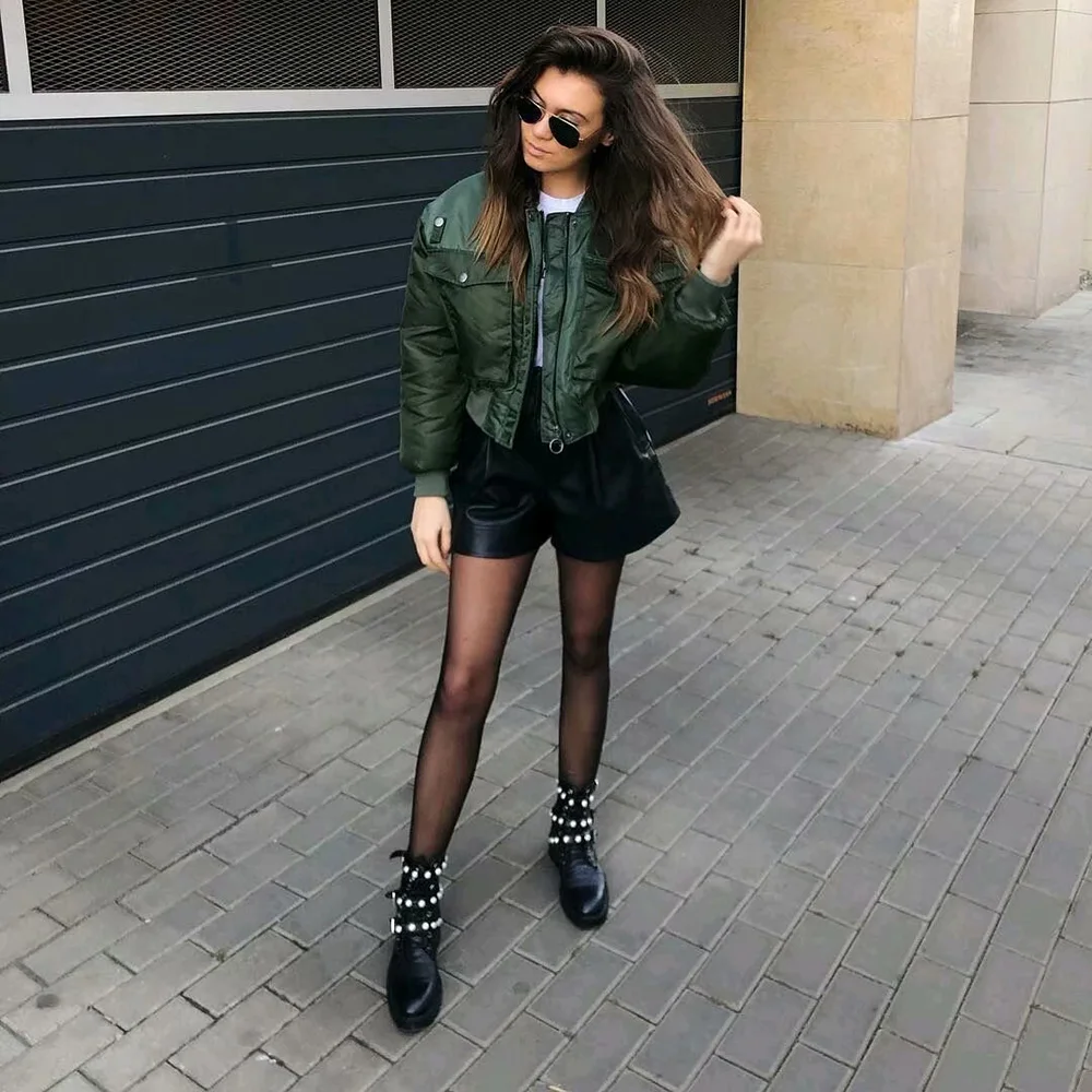 

Fashion Za Vintage Women Chic Green Oversize Bomber Jacket Stylish Female Pockets Zippers Coat Casual Ladies Outerwear