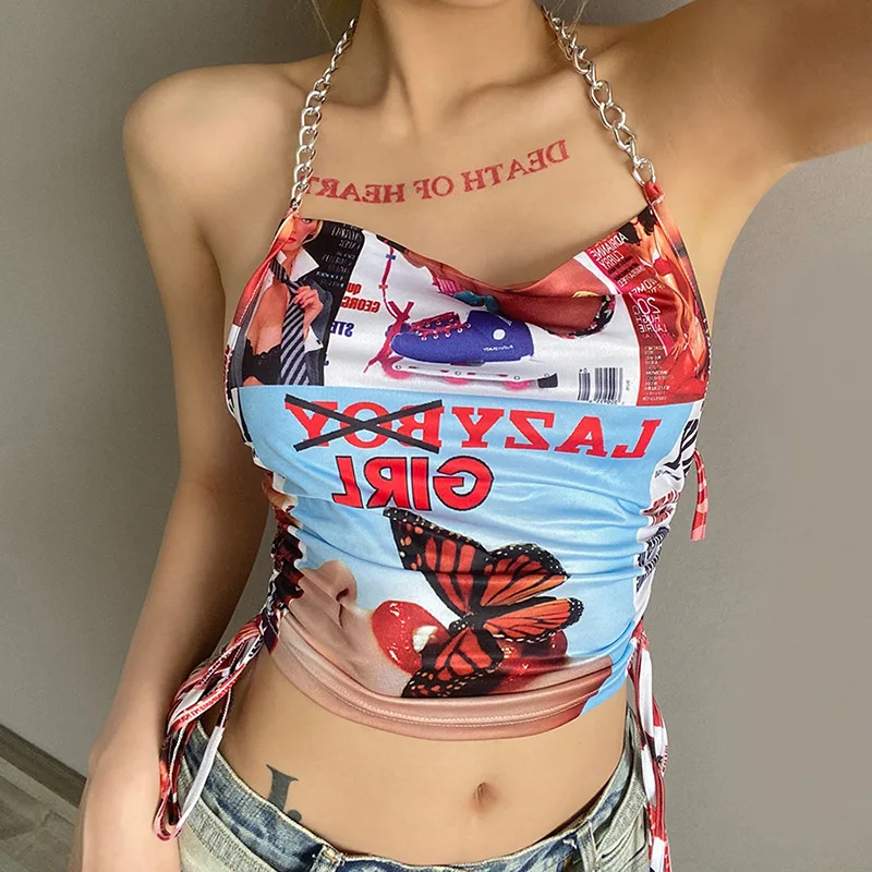

Women Fashion Halter Backless Print Tops Stylish Sleeveless Lace-up Crop Top For Ladies Women's Tube Top T-shirt Female Y2k Tees