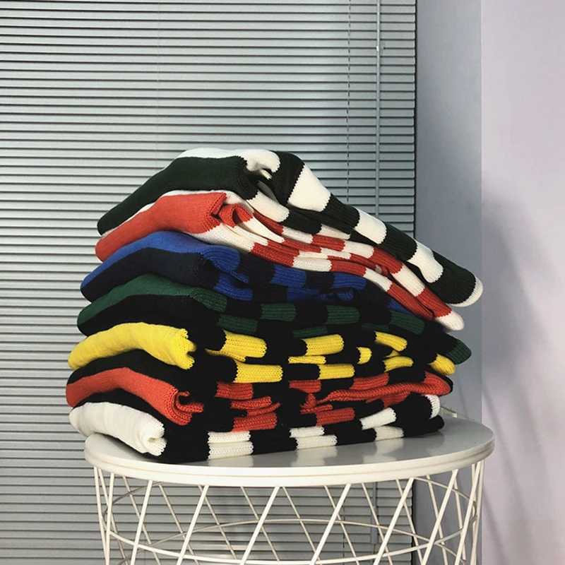 Черный красный полосатый вязаный свитер осень зима Crewneck Мода длинный абзац