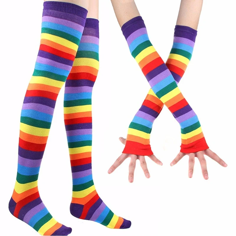 

Women Rainbow Striped Thigh High Long Socks Arm Warmers Fingerless Gloves Set 649C