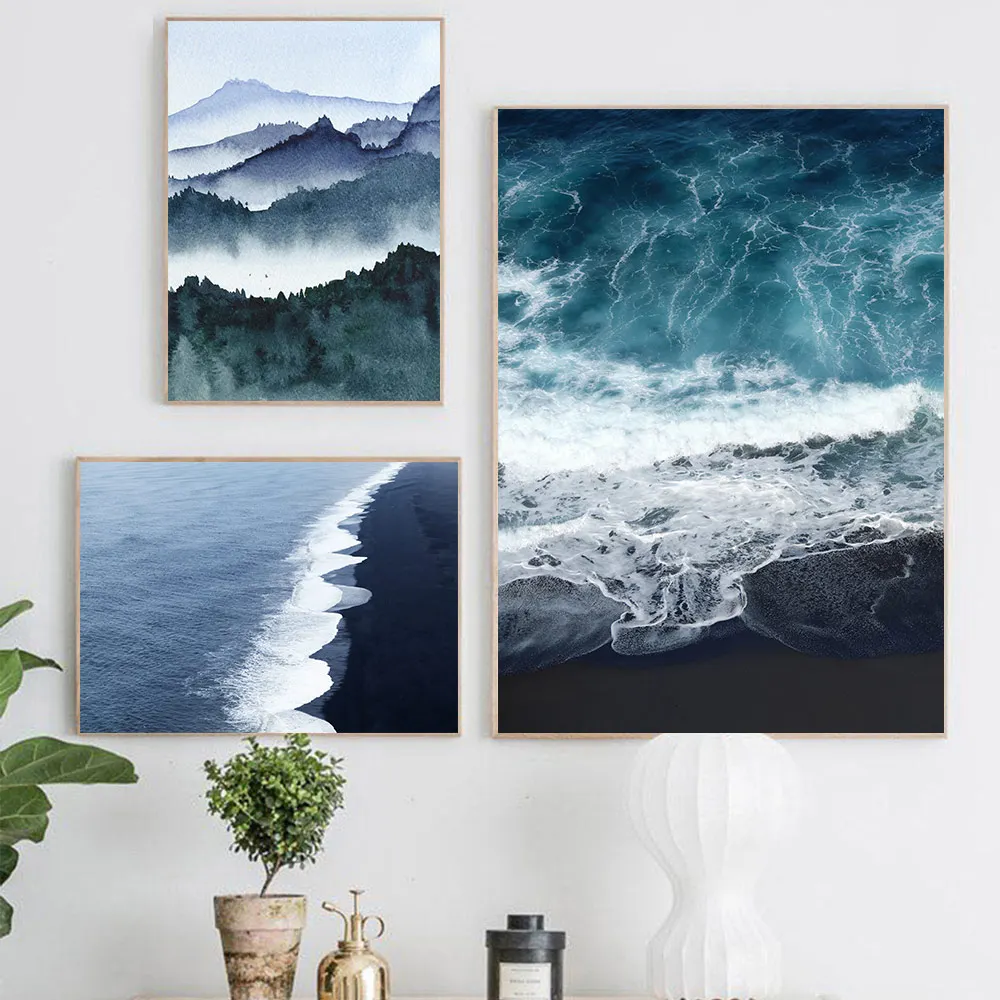 Пейзаж горы Туманный лес настенная Картина на холсте синий пляж природный пейзаж