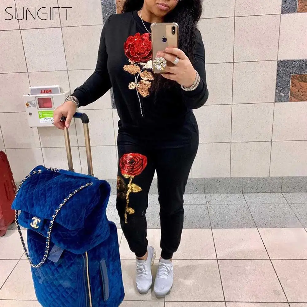 SUNGIFT африканская Дашики одежда для женщин блесток роза Вышивка Спортивный костюм