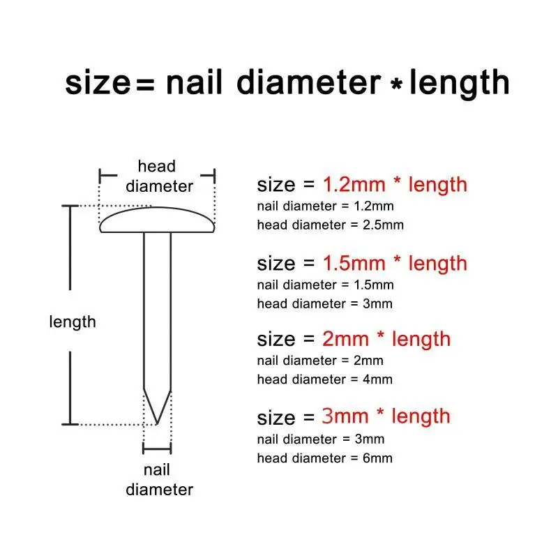 25-100 Stück Messingnägel mit Durchmesser 1,2 mm, 1,5 mm, 2 mm, 3 mm, kleine runde Mini-Nägel aus Eisen, geeignet für Schmuckkästchen, Scharniere. – Detail 4