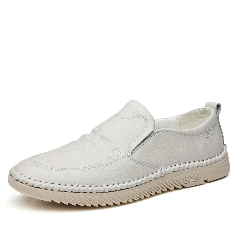 

New 2021 Cowhide Men's Shoes Fashion Casual Leather Shoes Men Breathable White Pea Shoes Driving Shoes