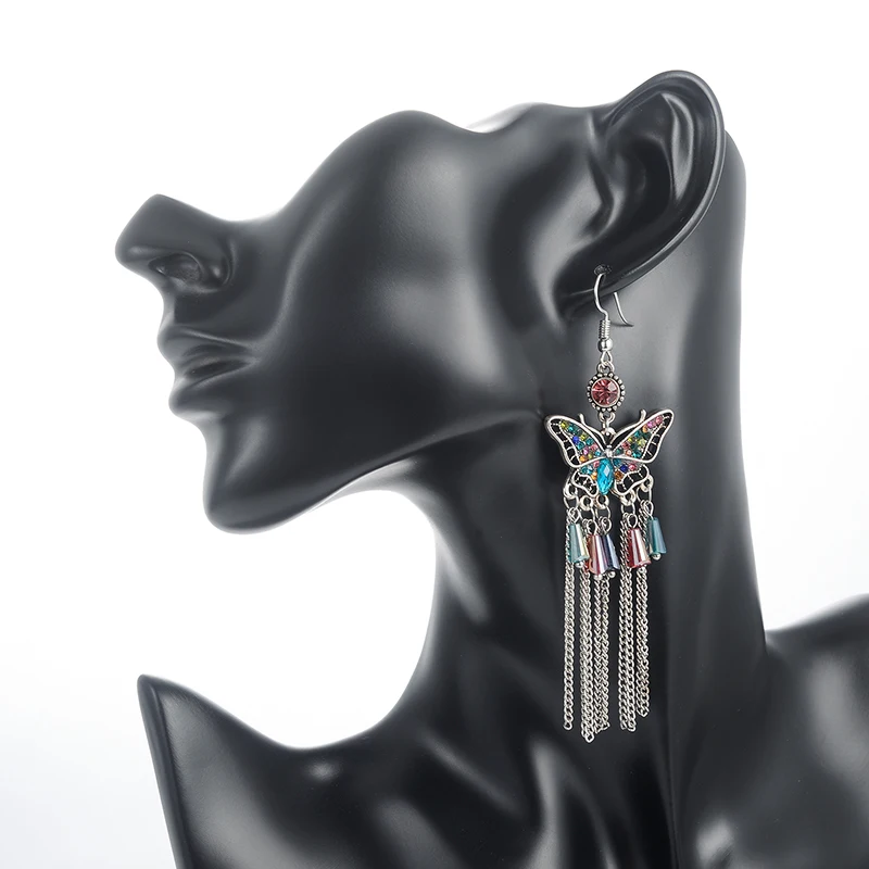 

Shineland Bohemian Butterfly Long Tassel Drop Earrings For Women Girl Colorful Crystal Brincos Ethnic Jewelry New Vintage