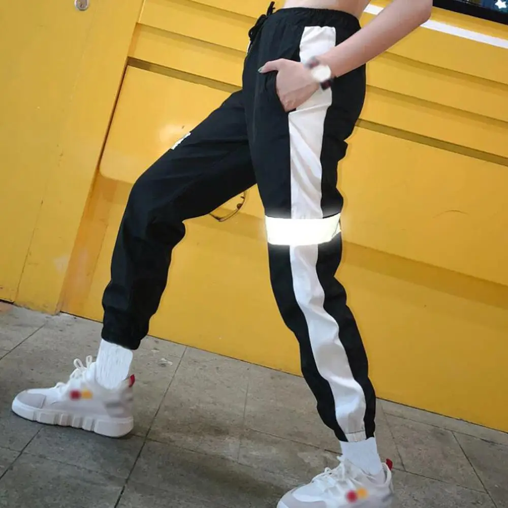Женские брюки в полоску корейские свободные Светоотражающие Брюки уличная мода