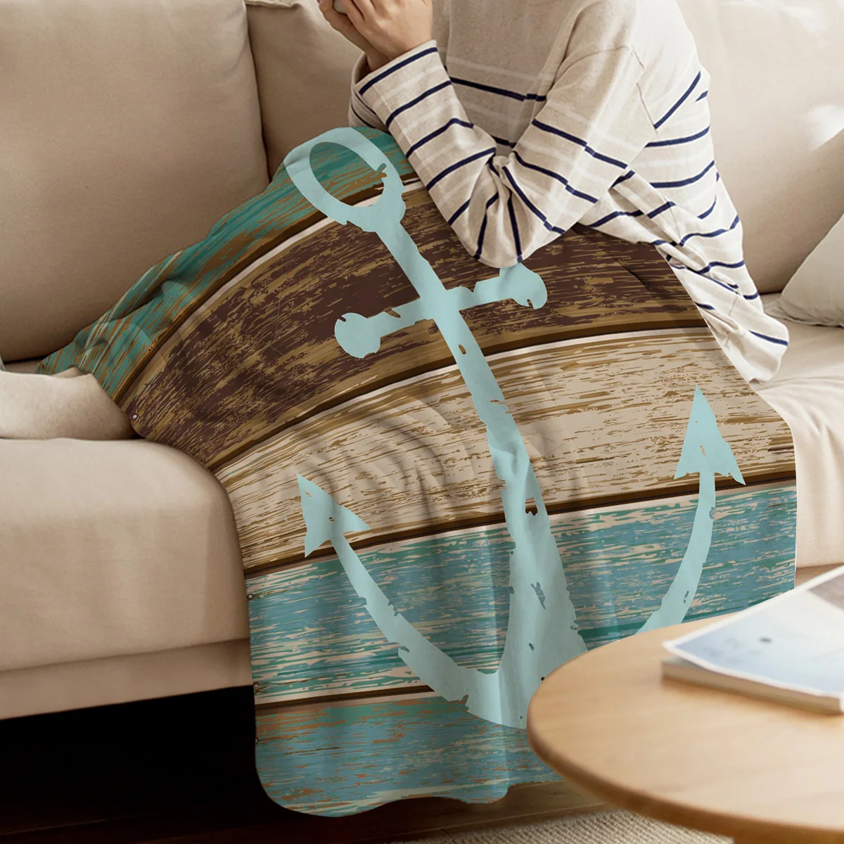 Винтажное покрытие для кровати с изображением якоря древесины Фланелевое