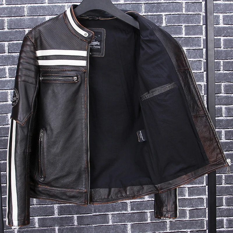 

2020 Vintage Black Men Skulls Embroidery Biker's Jacket Plus Size 4XL Genuine Cowhide Slim Fit Motorcycle Leather Coat