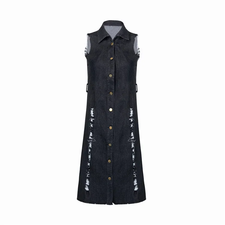 

2020 Fashion Women Denim Dress 2020 Summer Sleeveless Ripped Lady Casual High Street Hole Straight Knee Length Dress