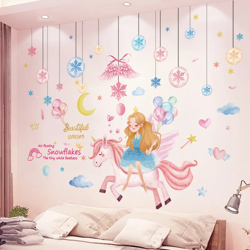 

Girl Unicorn Wall Sticker DIY Snowflakes Wings Wall Decor Decals for Kids Rooms Baby Bedroom Children Nursery House Decoration
