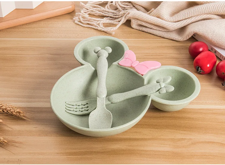Natural Wheat Straw Bowl Baby Fork Food Bowl Kids Cartoon Toddler Children Spoon Dinner Plate Set Training Tableware Feeding