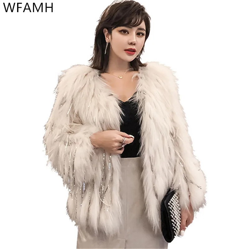 2023 Autumn And Winter New Splicing Tassel Sequin Round Neck Jacket Raccoon Fur Woven Fur Short Fashion Top Women Open Stitch
