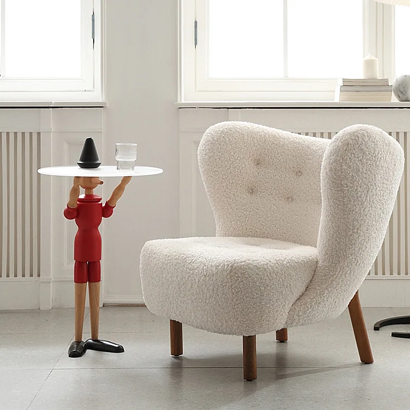 

Nordic Design Cream White Corner Tufted Button Stuffed Chaise Boucle Single Teddy Sofa Wing back butterfly Chair