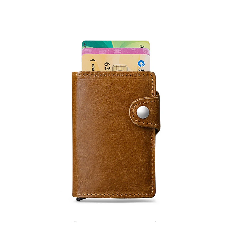 Genuine Leather Men Aluminum Wallet Back Pocket ID Card holder RFID Blocking Mini Magic Wallet Automatic Credit Card Coin Purse - Цвет: Yellow2