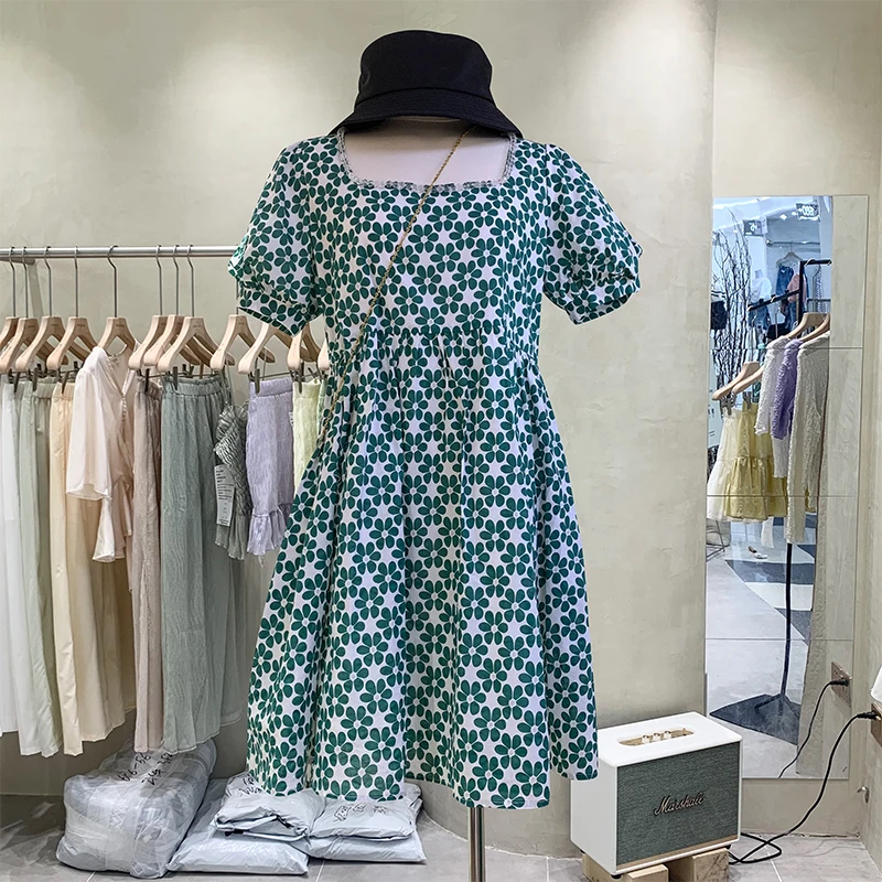 

Holiday Style Short Women Beach Dress 2021 New Summer Square Collar Diamond Slim Waist Short A-line Dress Green Flowers Feminine