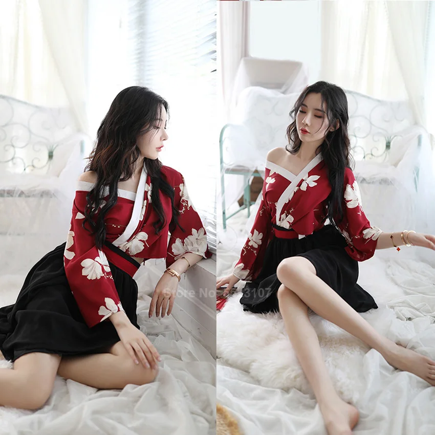 Женский удобный комплект одежды для сна в японском стиле кимоно топ юбка Hanfu с