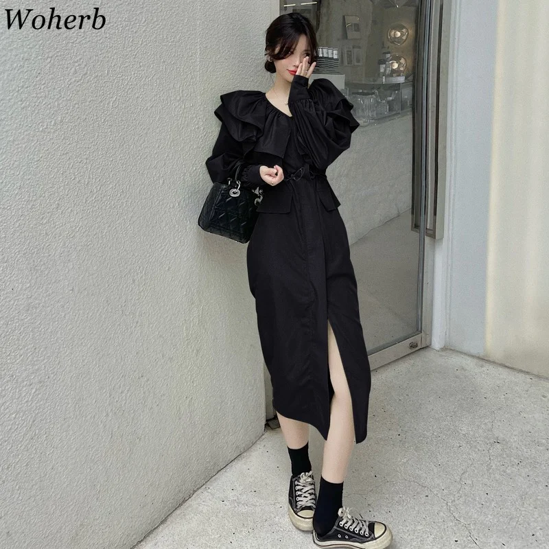 Woherb 2021 повседневное тонкое лоскутное платье с оборками и карманами Женские