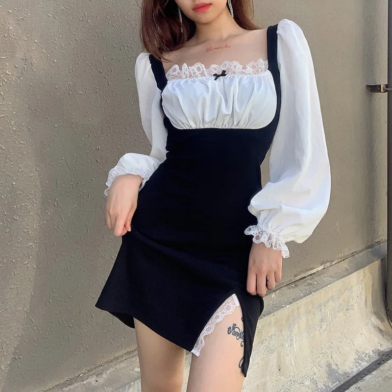 

Milkmaid Dress Women Lace Bowknot Maid Bodycon Summer Sweet Puff Sleeve Long Sleeve Split Short Dresses Contrast Color Vestidos