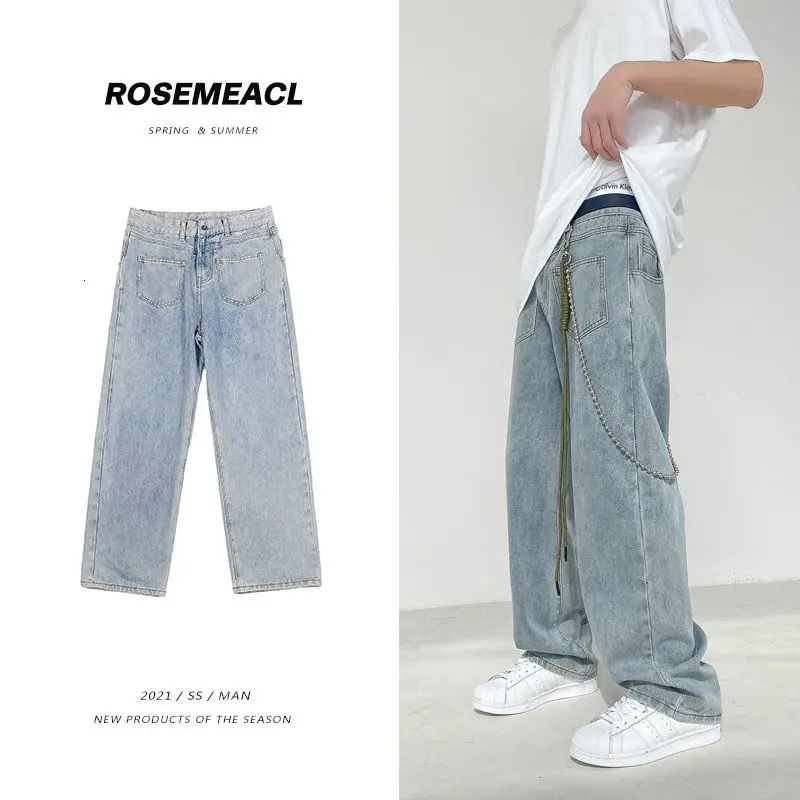 2021 Men's Straight Washed Blue Color Jeans Loose Wide-leg Pants Fashion Casual Hiphop Streetwear Denim Trousers | Мужская одежда