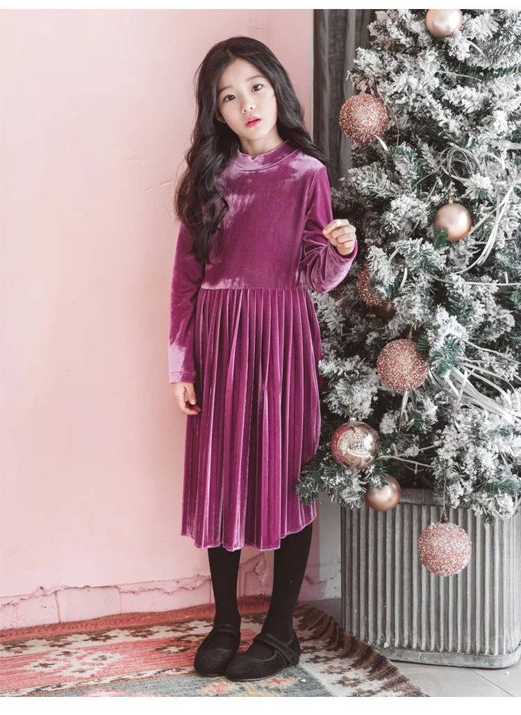 purple red Рождественское платье для девочек; Детские платья с длинными рукавами для девочек; коллекция года; сезон весна-зима; теплое бархатное платье для больших и маленьких девочек; детская одежда - Цвет: purple red
