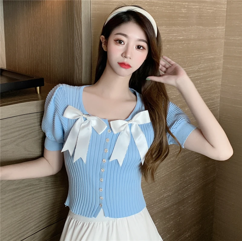 

Make brief paragraph coat pure sexpot new summer day sweet bowknot of tall waist knit cardigan