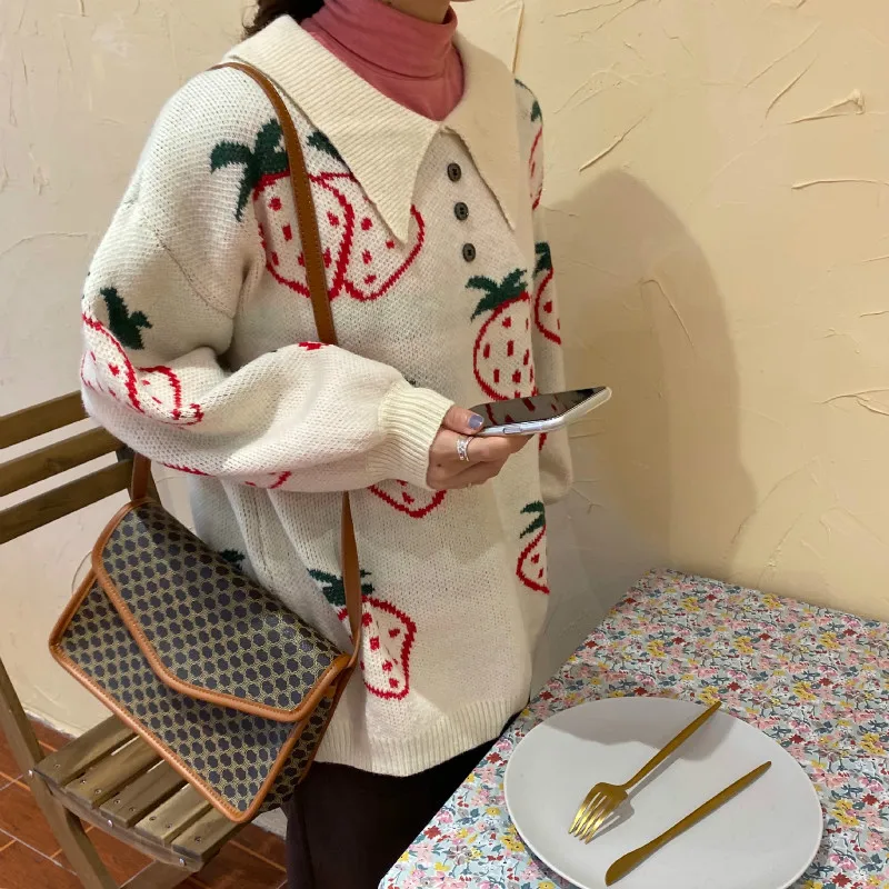 Женский Длинный свитер с принтом клубники теплый вязаный пуловер свободного