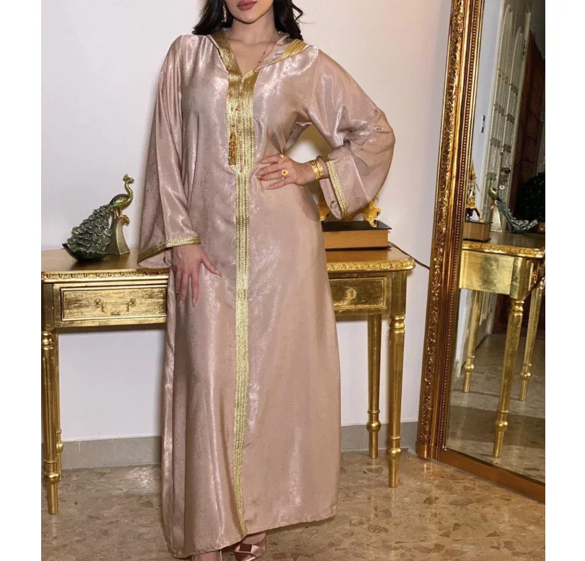 Средний Восток Дубай Шампань с капюшоном Кружева замша благородный халат мусульманский халат Женское платье