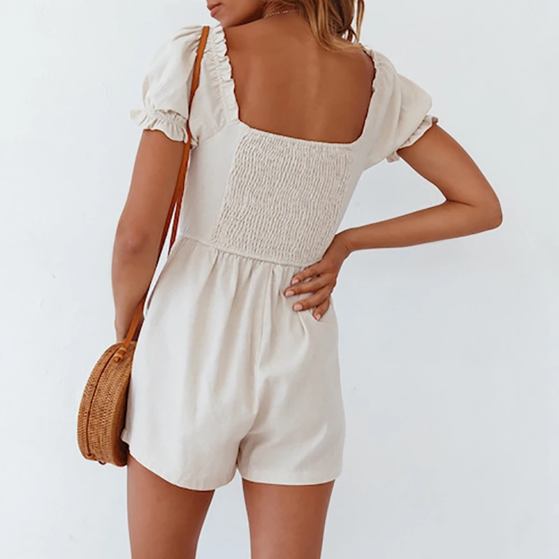 Ardm Fashion Square Neck Solid Jumpsuit Women Casual Loose High Waist With Elastic Romper Summer Short Sleeve Backless Playsuit